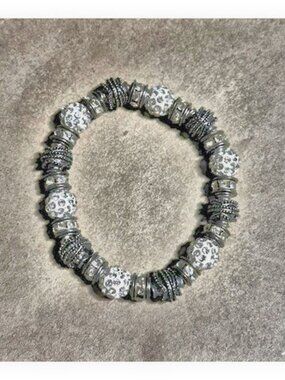 Chunky Beaded Bracelets, SIlver Metal, White Beads